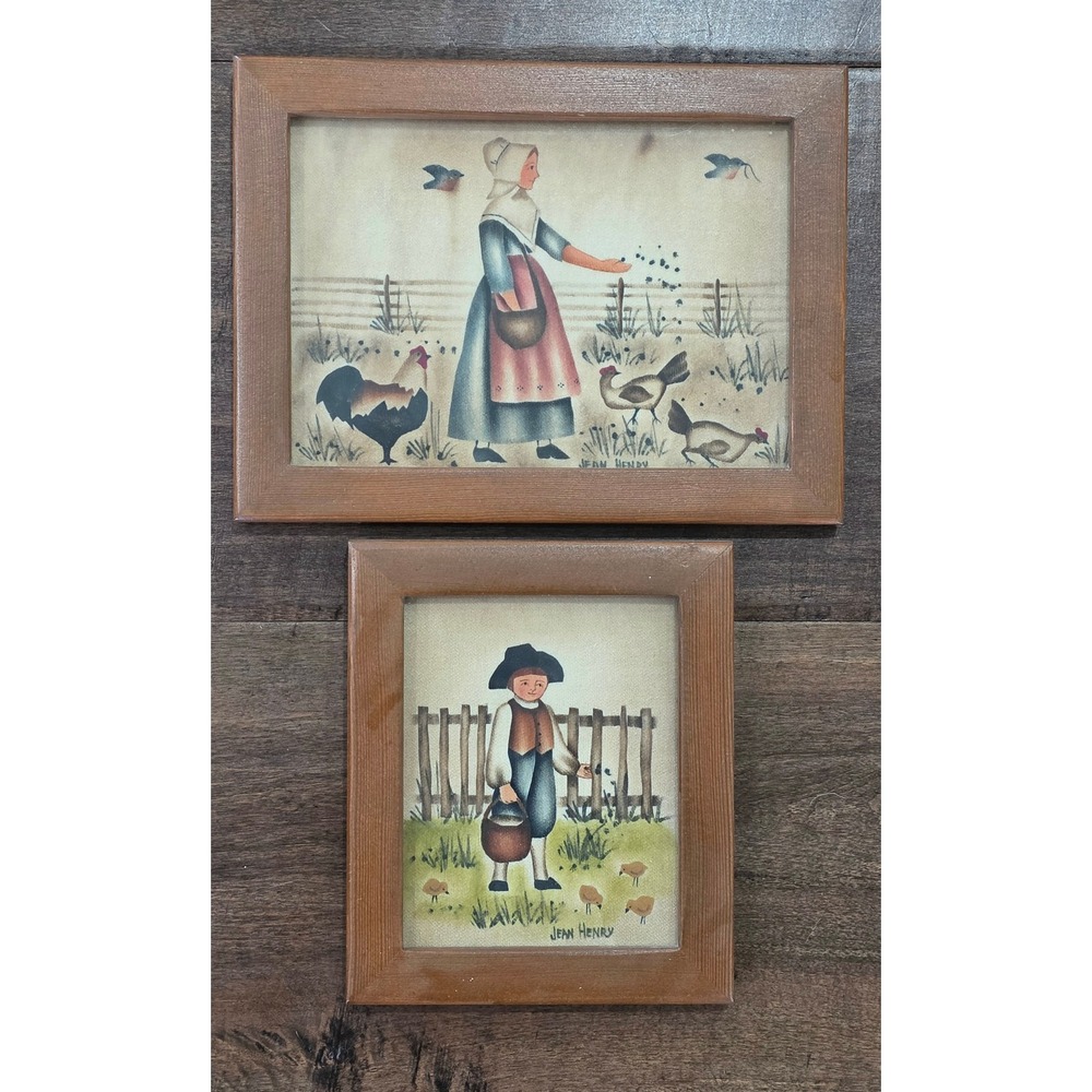 VTG Cottagecore Jean Henry Folk Art Velvet Paintings (2)Colonial Farmhouse Decor